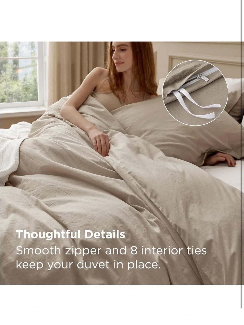 NEW Bedsure 100% Washed Cotton Duvet Cover Set. Frosted Almond Minimalist Beddin